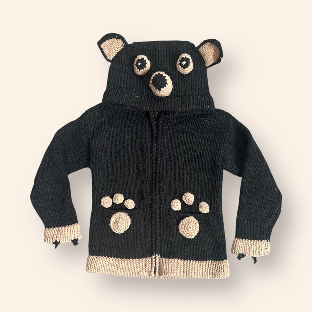 Earth Ragz 100% Wool Kids Black and Tan Bear Sweater Hoodie, Size M, MSRP‎ $69